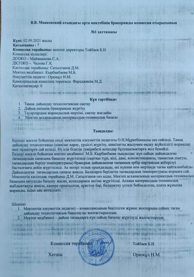 В.В.Маяковский атындағы орта мектебінің бракеражды комиссия отырысының (1 хаттамасы)