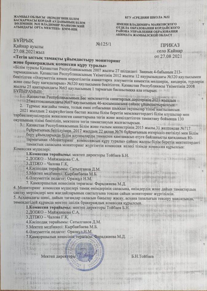 Тегін ыстық тамакты ұйымдастыру мониторинг және бракераждық комиссия кұру туралы