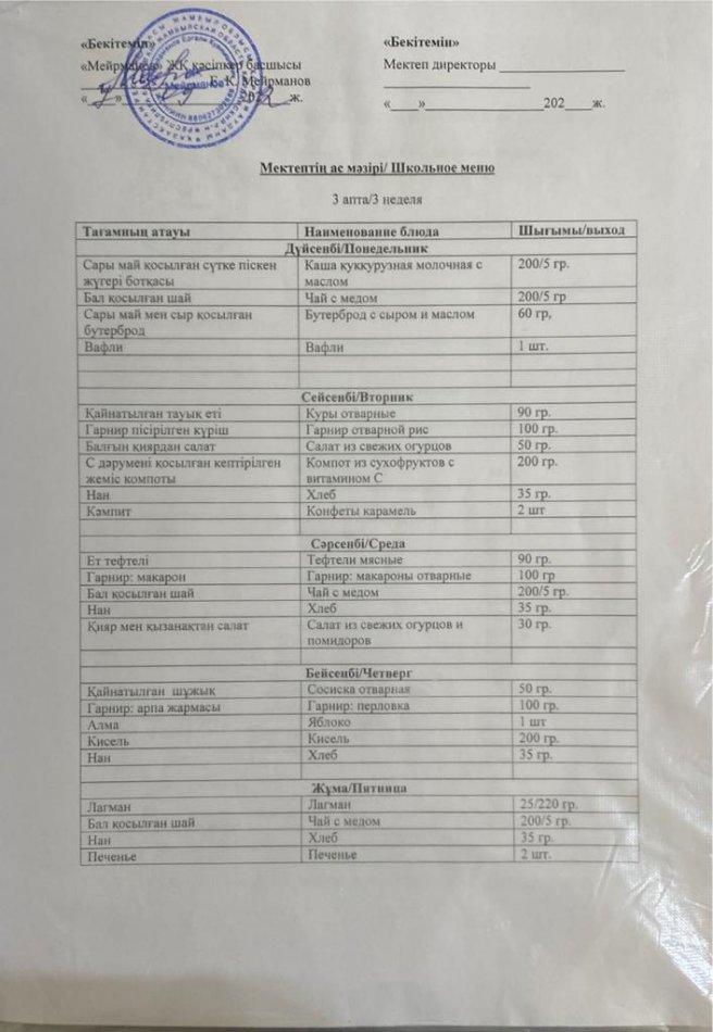 Асхананың ас мәзірі