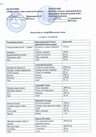 2023 жылға арналған мектеп мәзірі