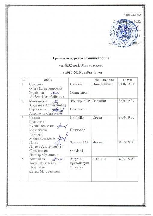 График дежурства администрации на 2019-2020 уч.г.